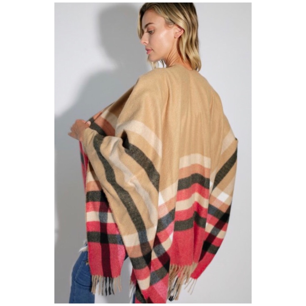 SOLD OUT Multi Color Plaid Fringe Faded Cape Poncho Shawl - Picture 5 of 5
